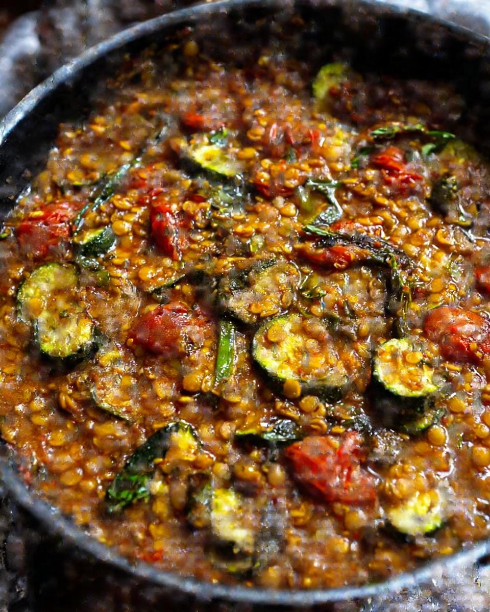 Close-up of Zucchini-Linsen-Curry mit Tomaten in a pot, showing zucchini, lentils, and tomatoes.