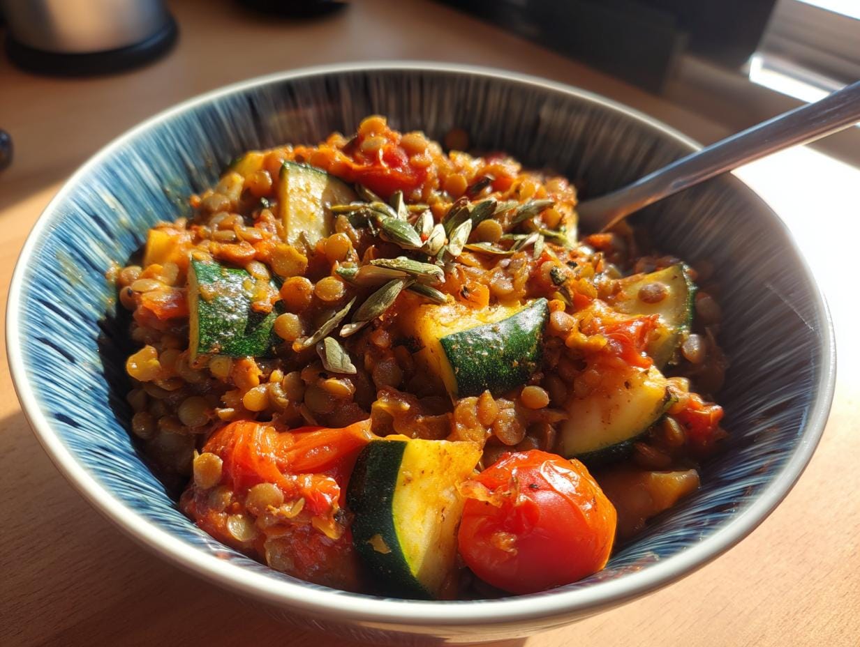 Nahaufnahme von Zucchini-Linsen-Curry mit Tomaten in einer blauen Schüssel, garniert mit Kürbiskernen.