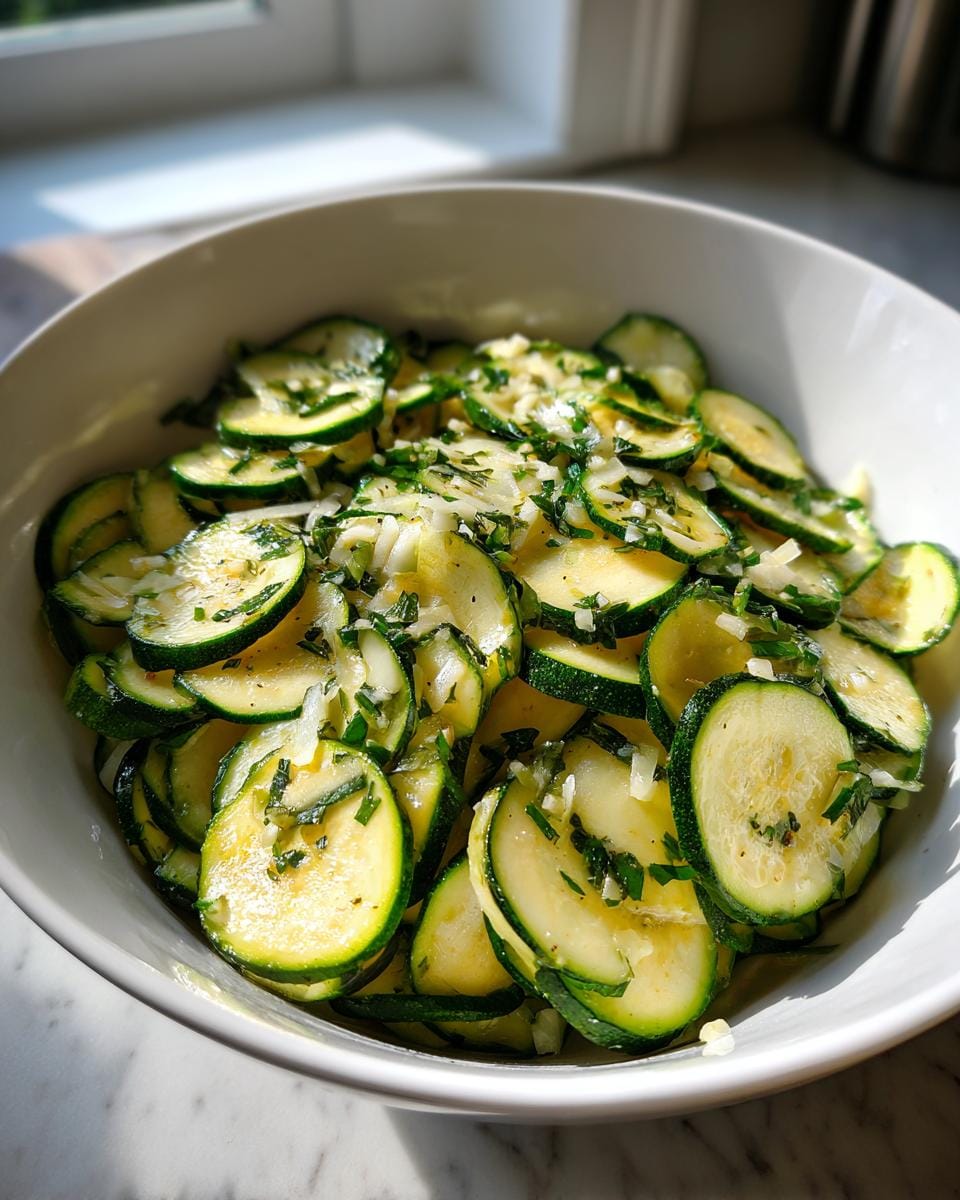 Bowl of Zucchini-Salat mit Knoblauch & Parmesan, featuring sliced zucchini, garlic, and herbs.