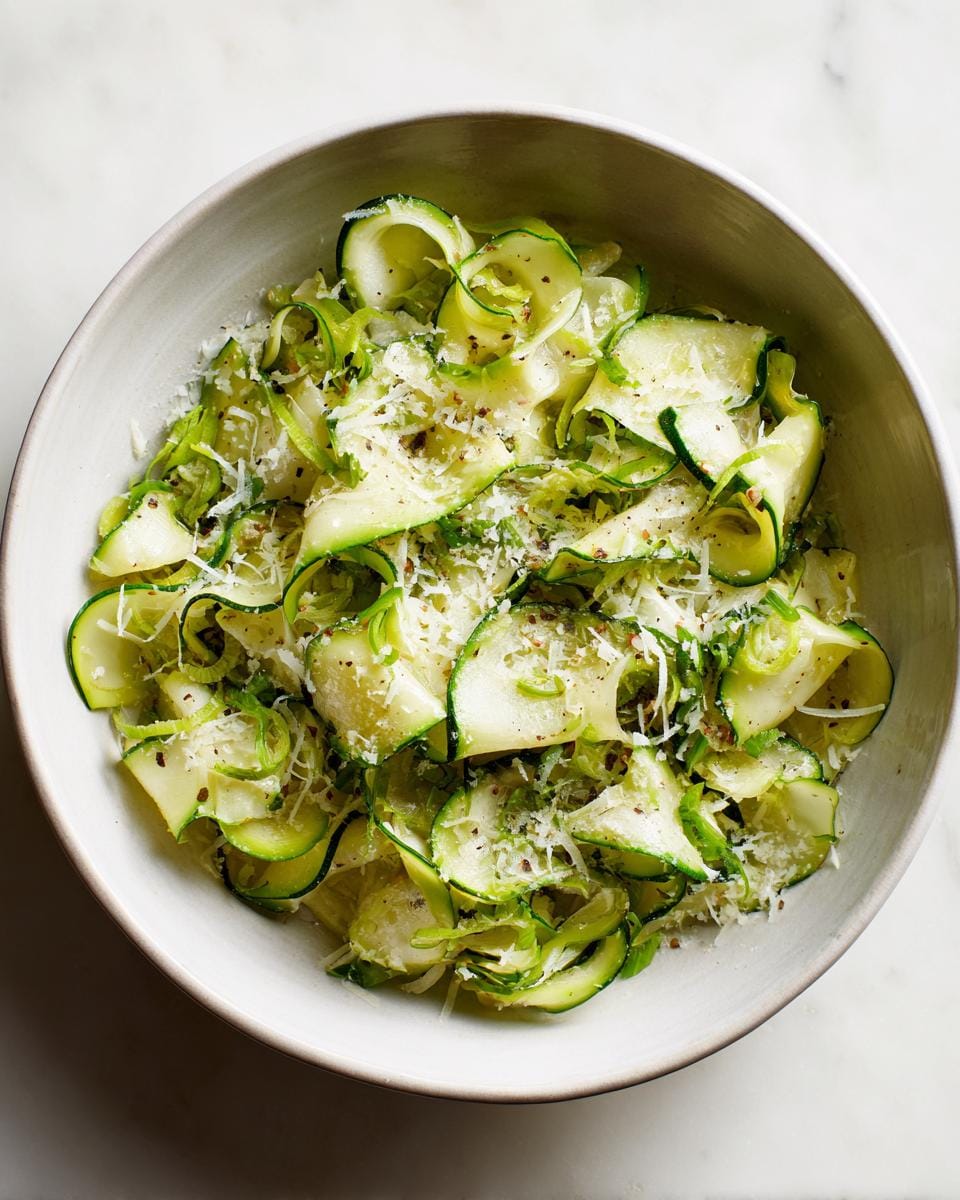 Nahaufnahme von Zucchini-Salat mit Knoblauch & Parmesan in einer Schüssel, dekoriert mit Parmesan.
