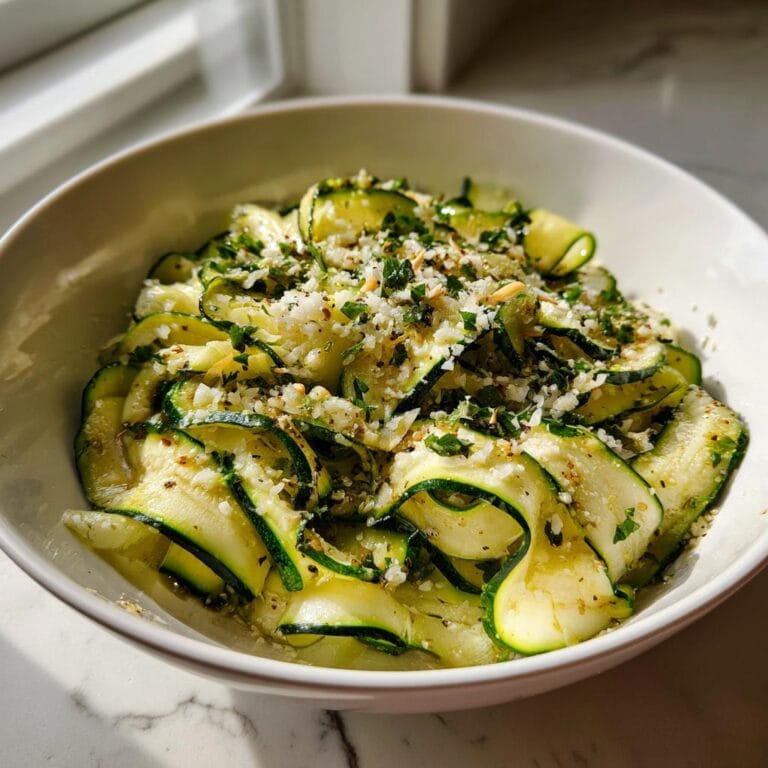 Close-up of Zucchini-Salat mit Knoblauch & Parmesan in a white bowl, showcasing fresh zucchini and parmesan.