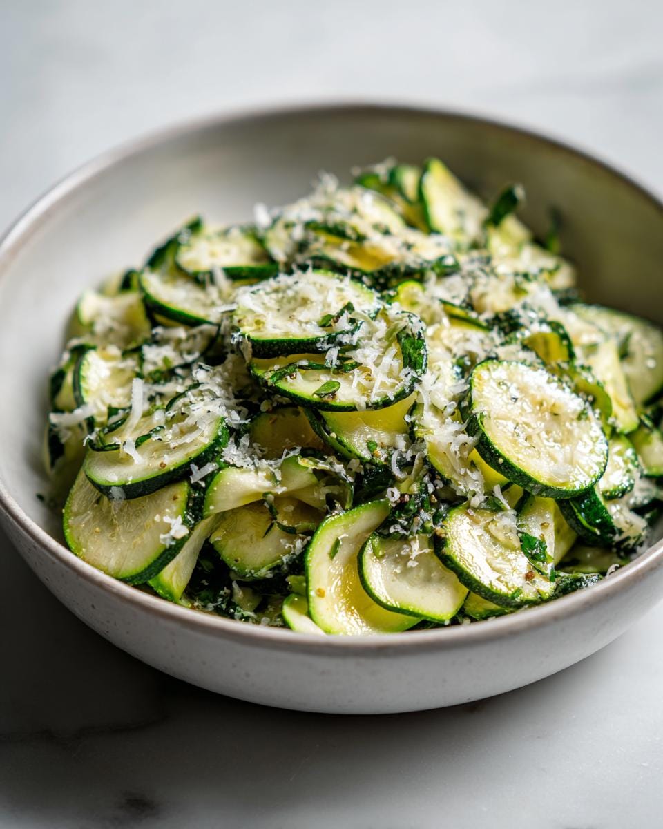 Close-up of Zucchini-Salat mit Knoblauch & Parmesan in a bowl, topped with grated Parmesan and herbs.