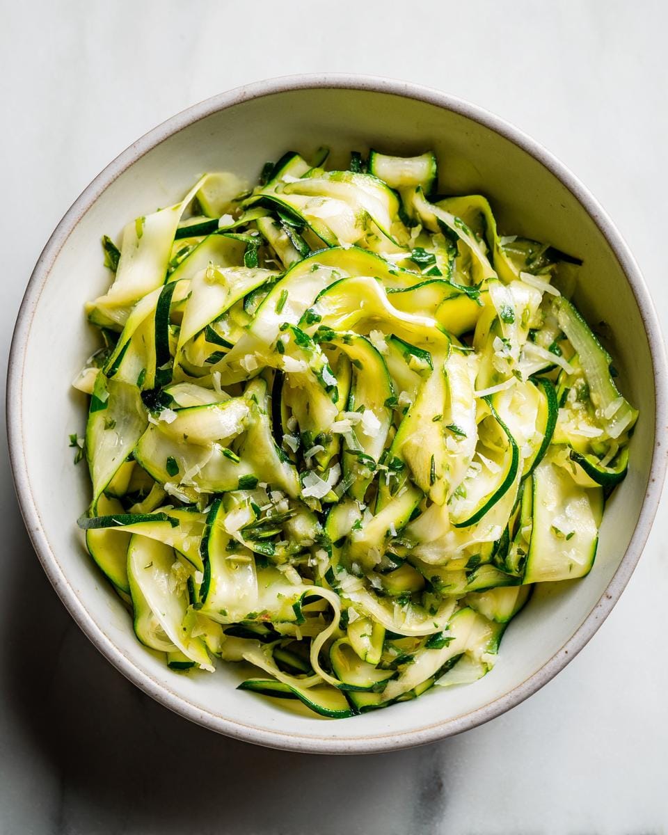 Top-down view of Zucchini-Salat mit Knoblauch & Parmesan in a bowl, showcasing the fresh ingredients.