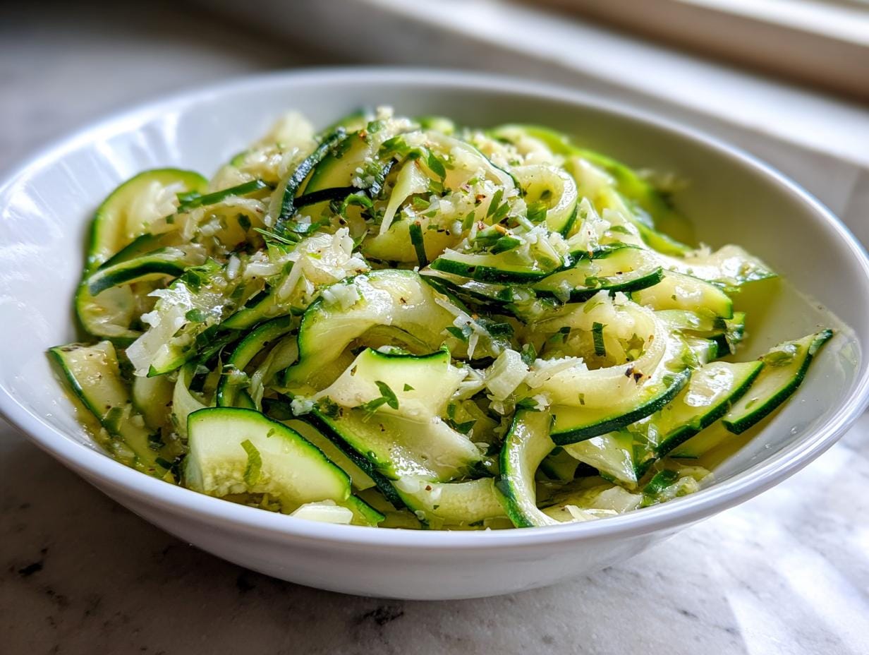 Close-up of Zucchini-Salat mit Knoblauch & Parmesan in a white bowl, showing zucchini slices, garlic, and herbs.