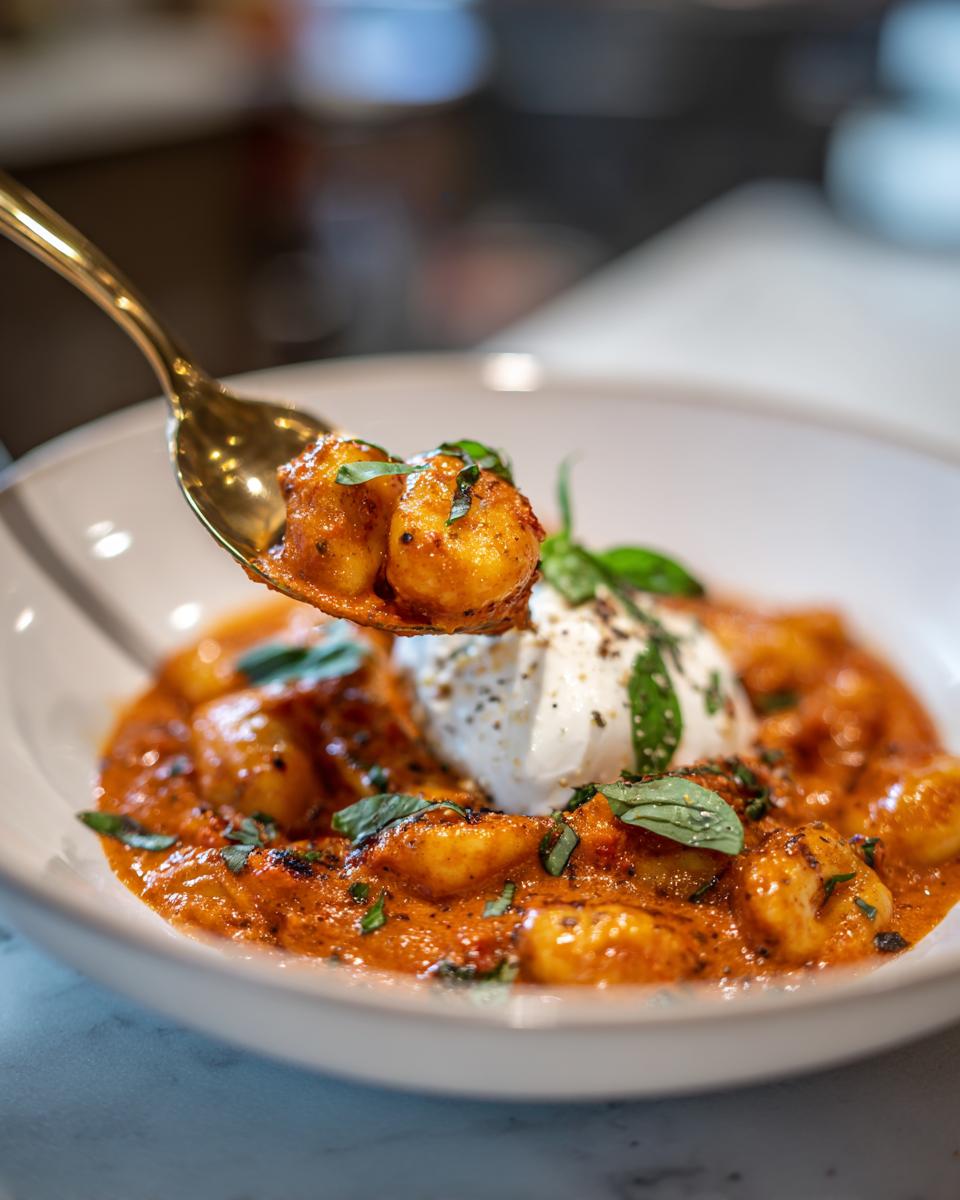 A spoonful of 30 Minute Creamy Tomato Gnocchi with Burrata, garnished with basil.