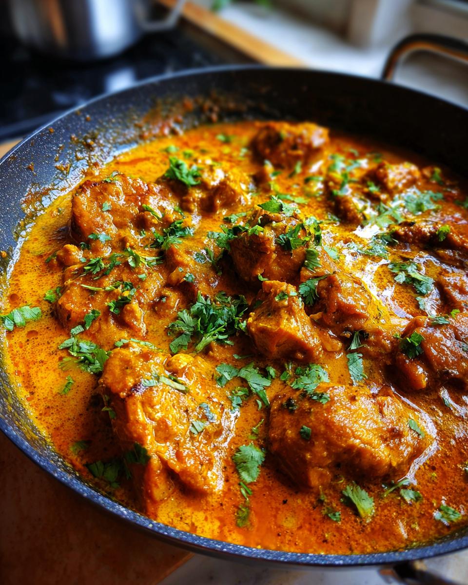 Nahaufnahme von Afrikanisches Kokos-Hähnchen-Curry im Topf, garniert mit frischer Petersilie.