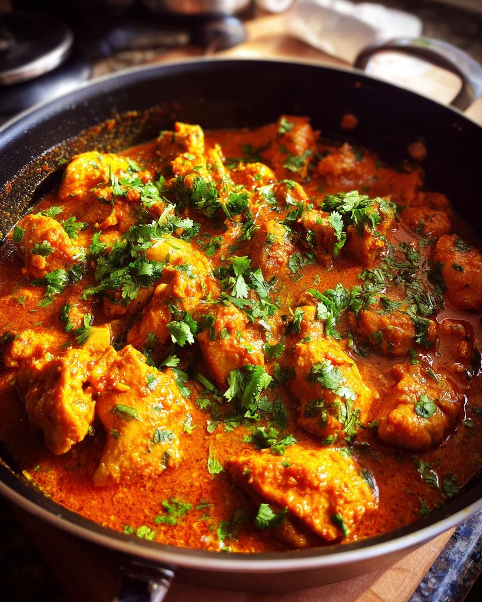 Afrikanisches Kokos-Hähnchen-Curry in einer Pfanne, garniert mit frischem Koriander.