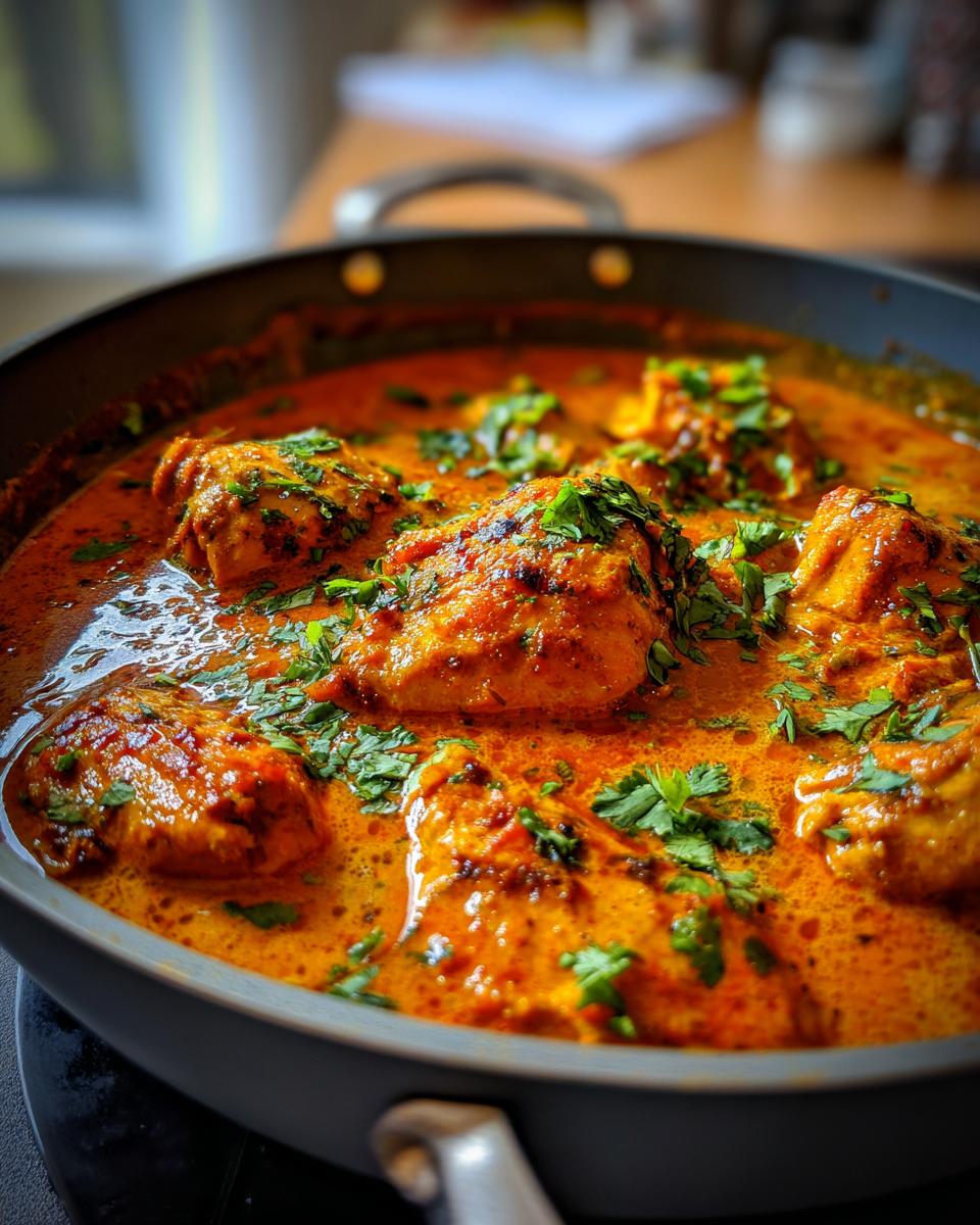 Nahaufnahme von Afrikanisches Kokos-Hähnchen-Curry in einer Pfanne, garniert mit frischer Petersilie.