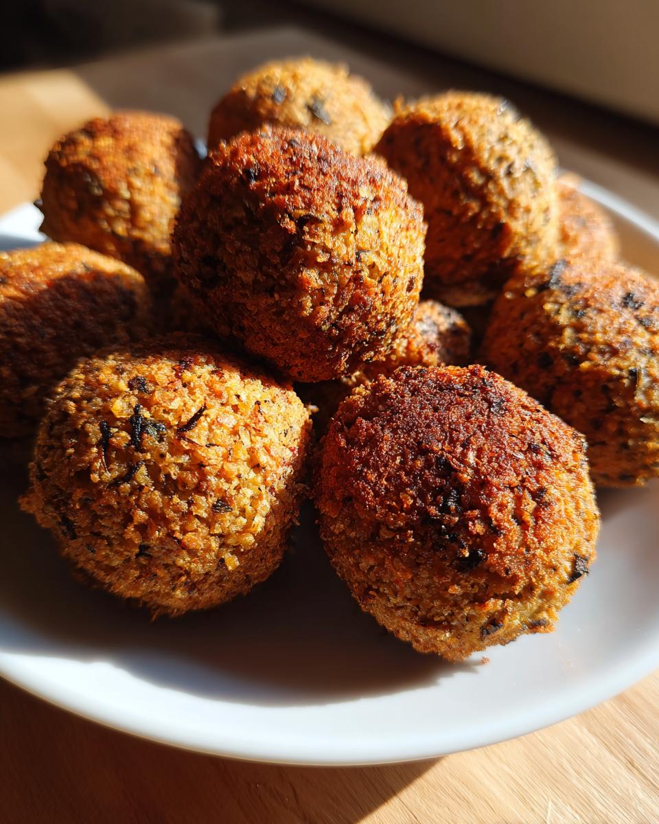 A plate of golden brown Air Fryer Falafel, cooked to perfection.
