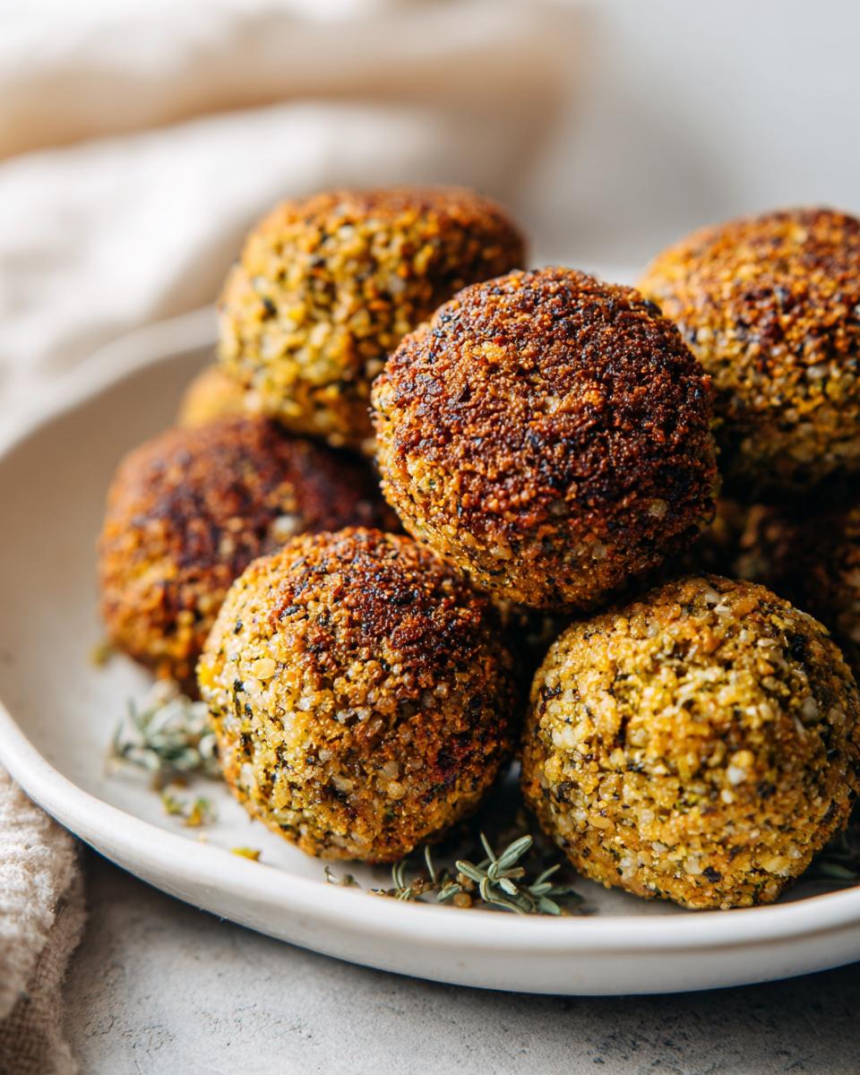 Close-up of golden brown AIR FRYER FALAFEL balls stacked on a plate with herb garnish.