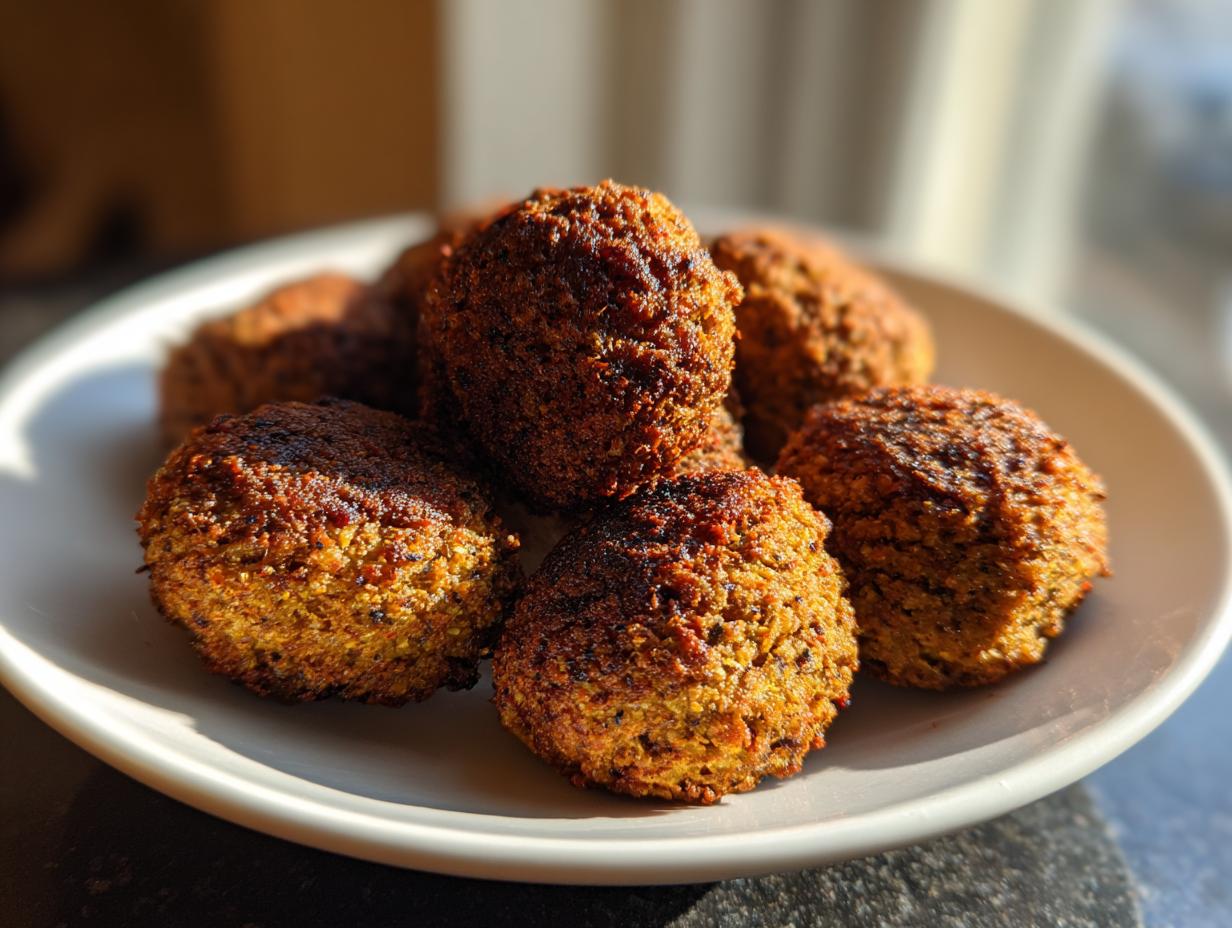 Close-up of golden brown Air Fryer Falafel on a white plate, ready to eat.