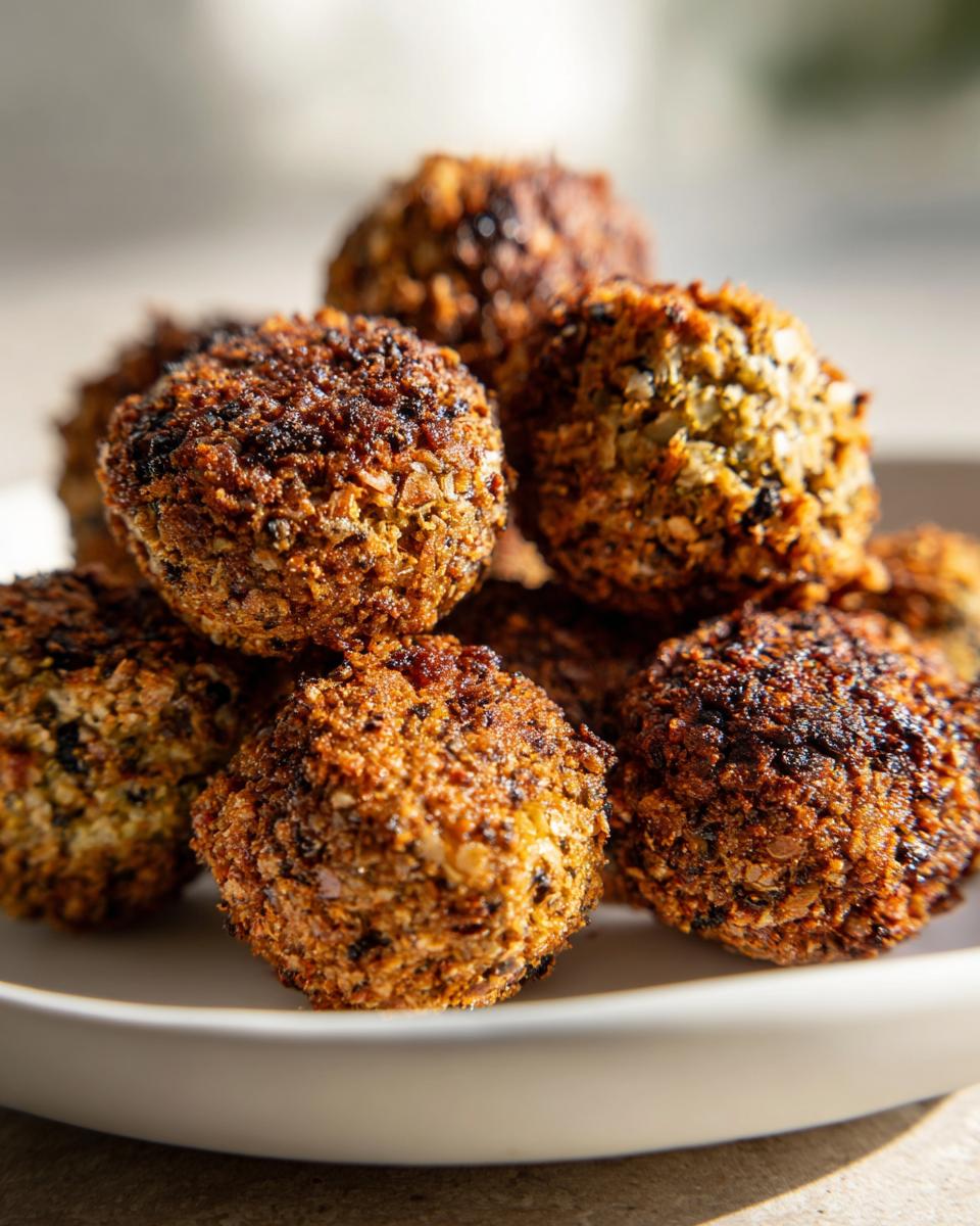 A stack of golden brown Air Fryer Falafel on a white plate, ready to be enjoyed.