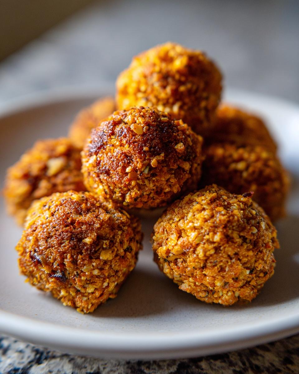 A stack of golden brown Air Fryer Falafel on a plate, ready to be enjoyed.