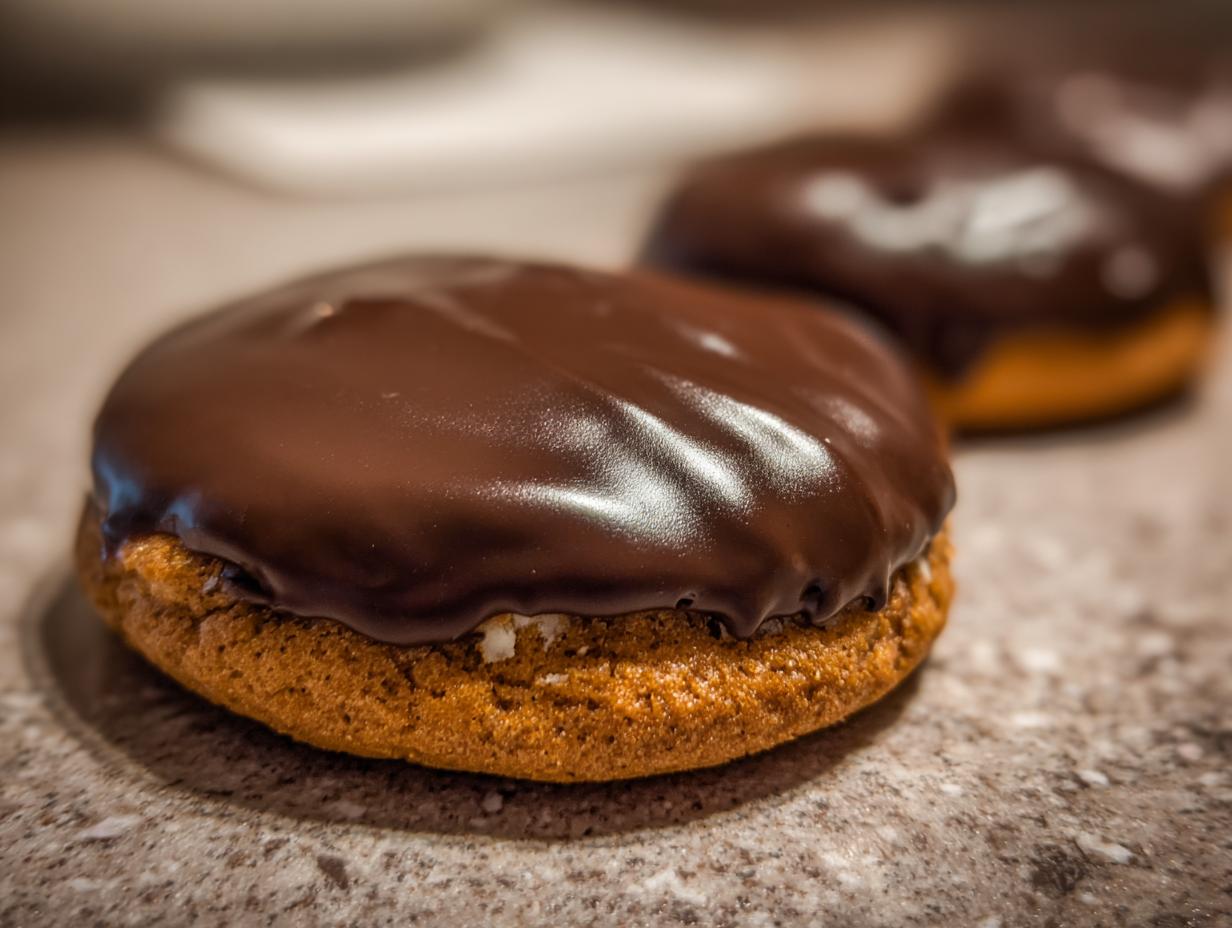Close-up of a glazed Amerikaner, a German cookie, with a smooth chocolate topping.