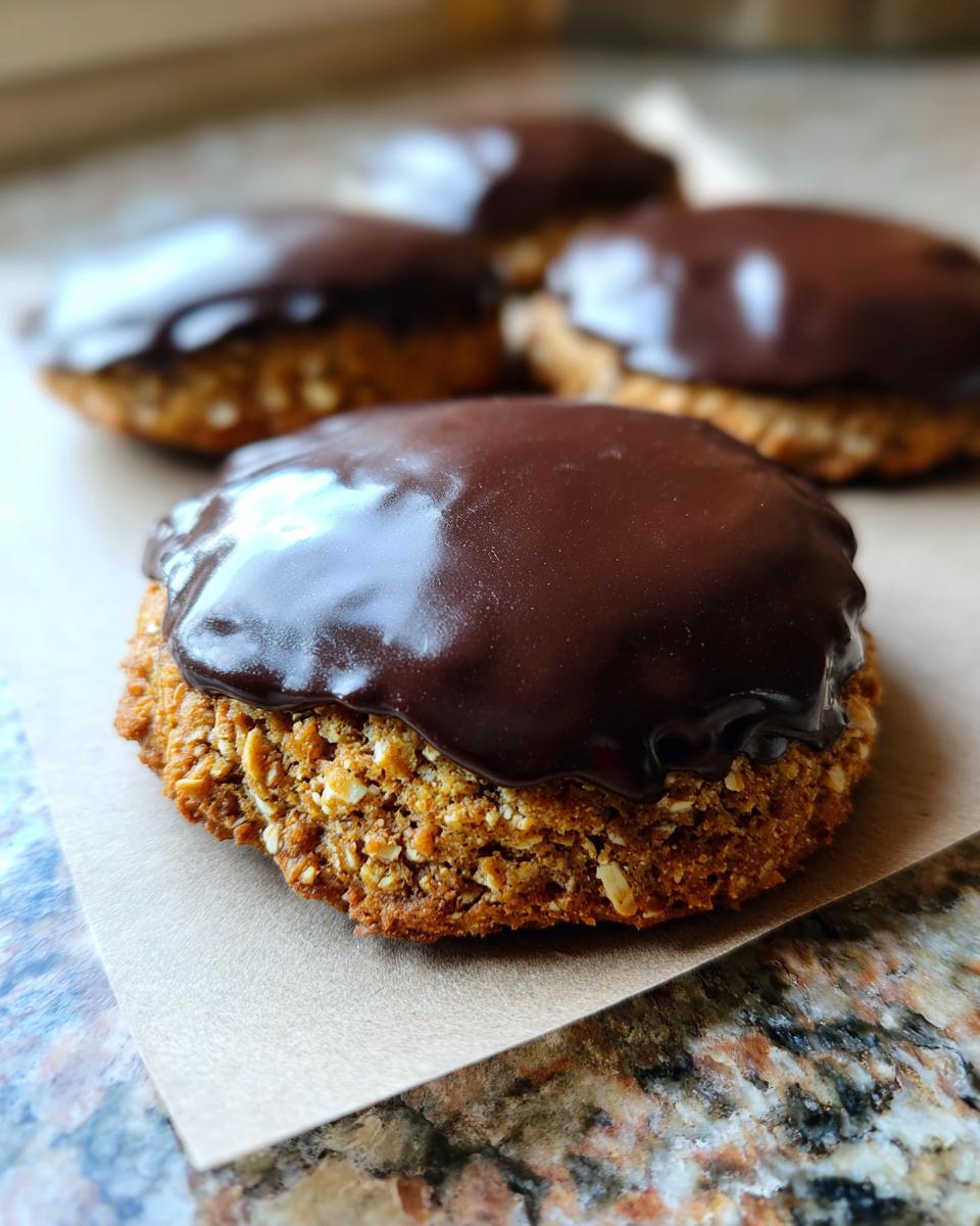 Close-up of a freshly baked Amerikaner cookie with a smooth chocolate glaze on top.