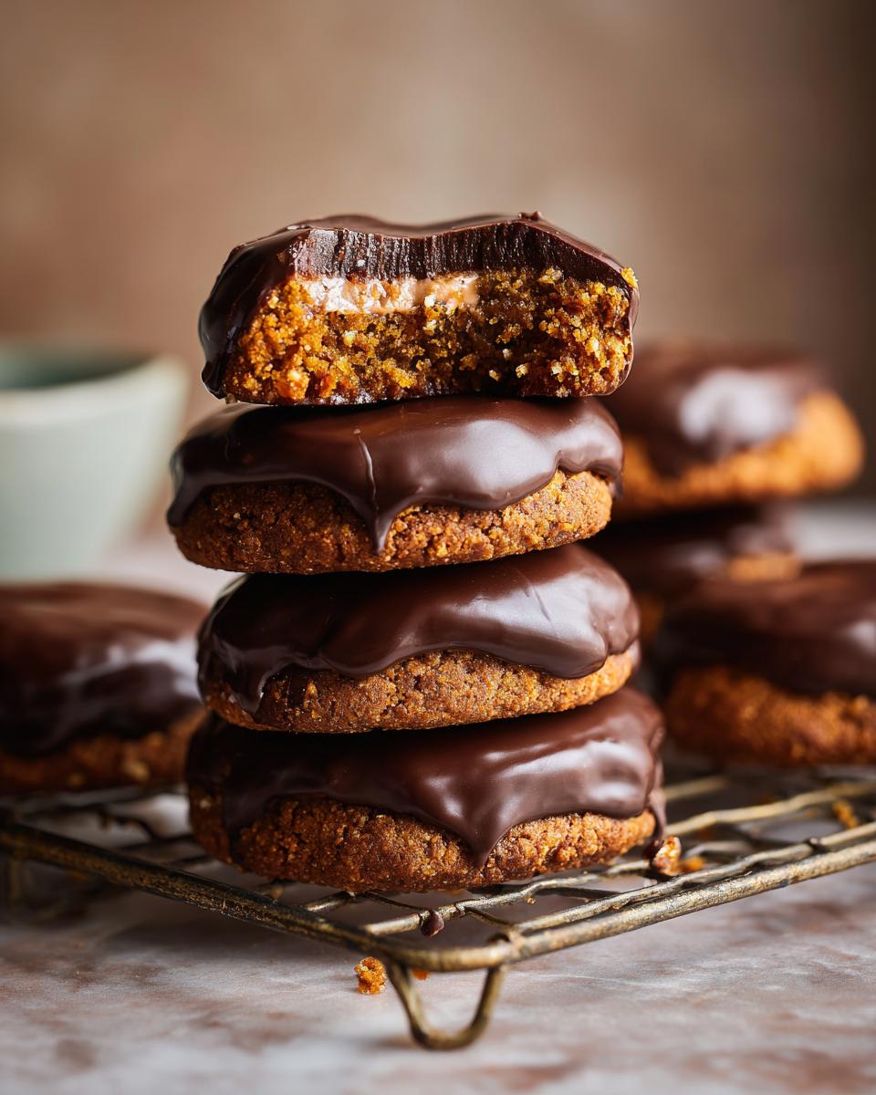 A stack of delicious Amerikaner cookies with a rich chocolate glaze, one with a bite taken out to show the filling.