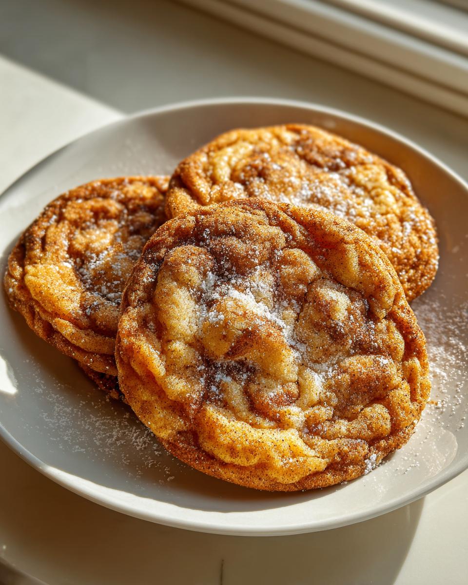 Three Apfel Zimt Taler cookies dusted with powdered sugar on a plate, ready to eat.