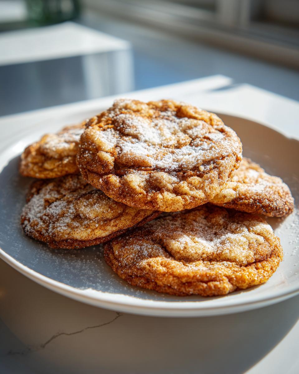 A stack of delicious Apfel Zimt Taler cookies dusted with powdered sugar on a plate.