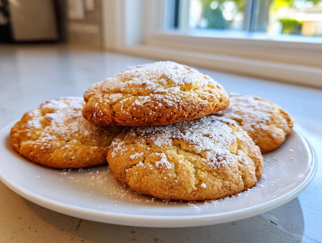 A stack of Apfel Zimt Taler cookies dusted with powdered sugar on a white plate.