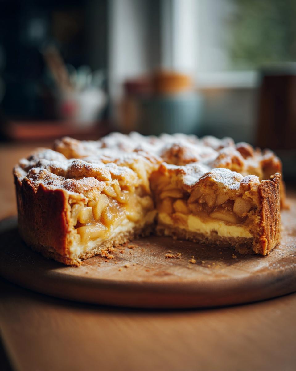 A delicious Apfelkuchen mit Vanillepudding, dusted with powdered sugar, sits on a wooden board with a slice cut out.