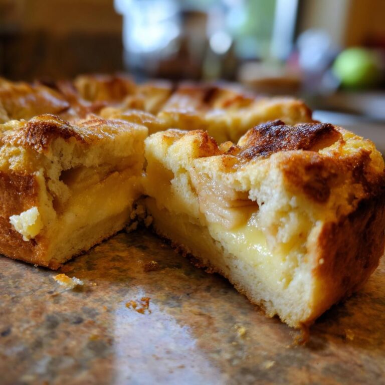 Close-up of a slice of Apfelkuchen mit Vanillepudding, showing the apple and custard filling.