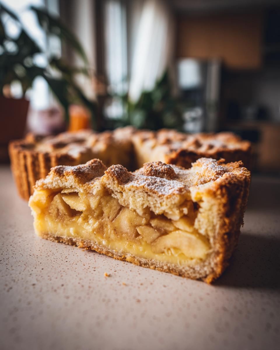 Close-up of a slice of Apfelkuchen mit Vanillepudding, showing the apple filling and custard layer.