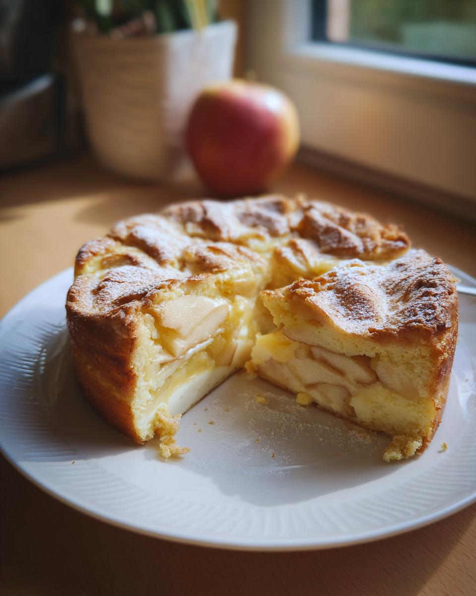 A slice of Apfelkuchen mit Vanillepudding on a white plate, dusted with powdered sugar.