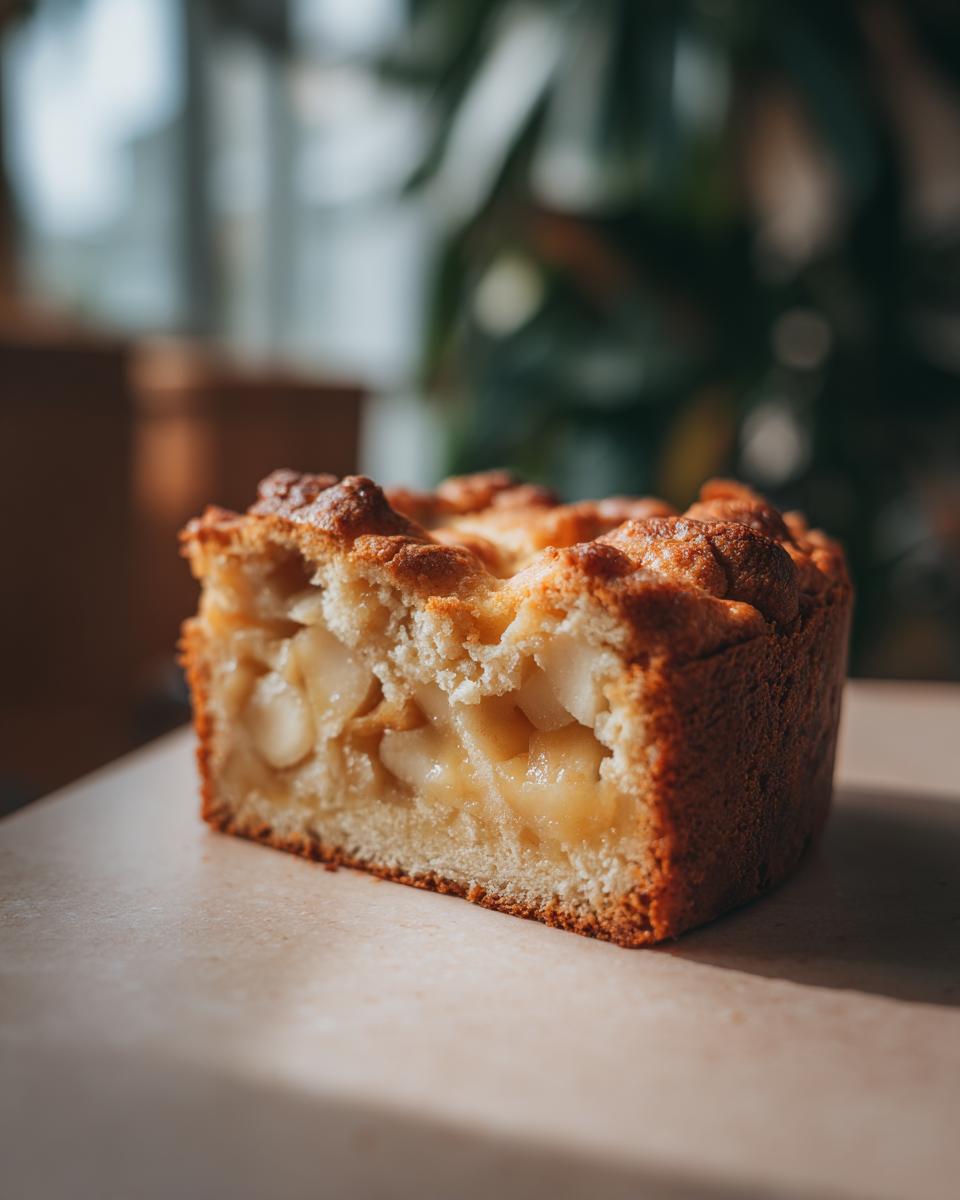 A slice of Apfelkuchen mit Vanillepudding, showcasing the apple filling and golden crust.