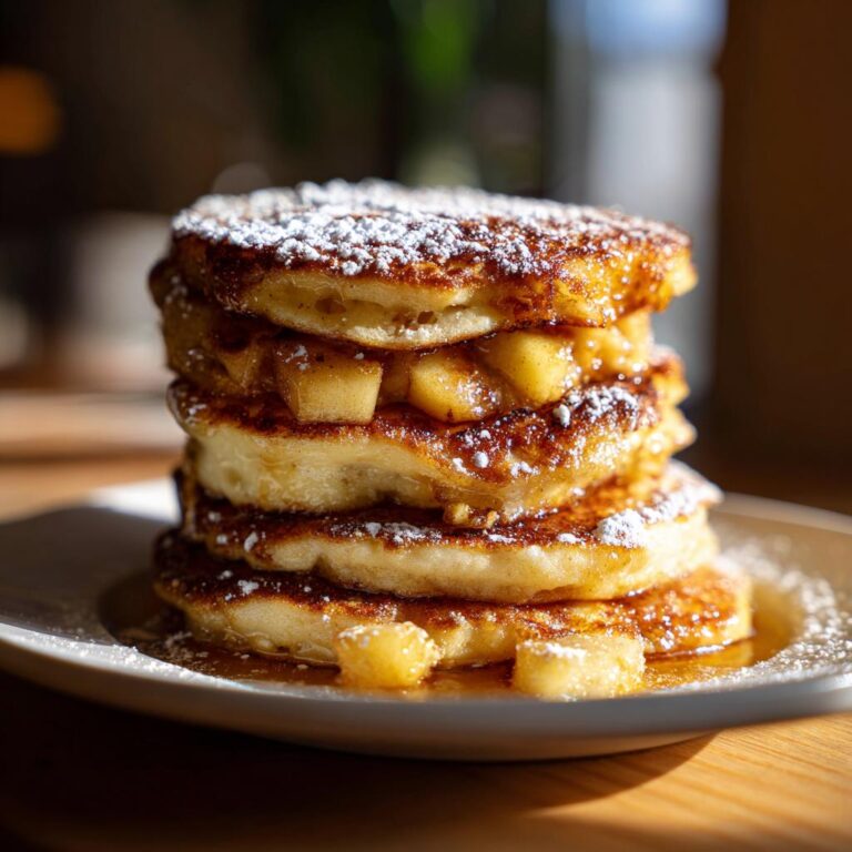 A stack of Apfelpfannkuchen klassisch und fluffig, topped with powdered sugar and apple pieces.
