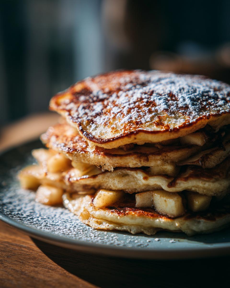 Stack of Apfelpfannkuchen klassisch und fluffig, dusted with powdered sugar and filled with apple pieces.