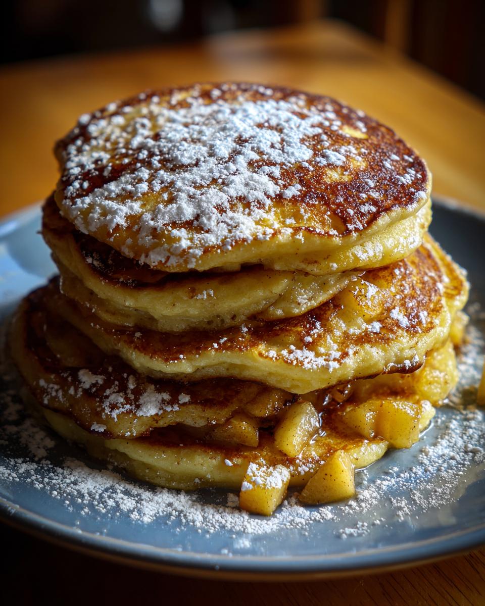 A stack of Apfelpfannkuchen klassisch und fluffig, dusted with powdered sugar and served with caramelized apples.