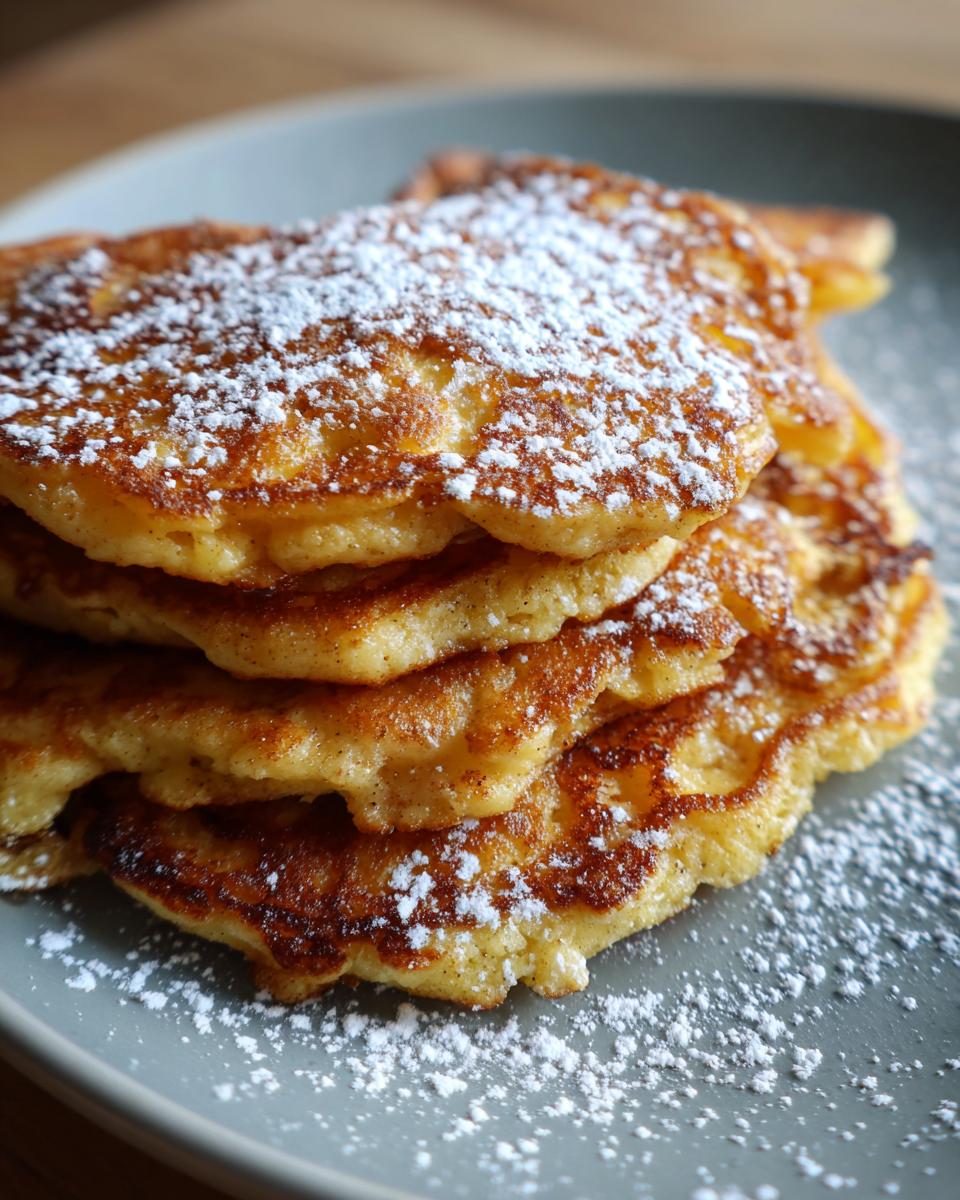 A stack of Apfelpfannkuchen klassisch und fluffig, dusted with powdered sugar, on a gray plate.