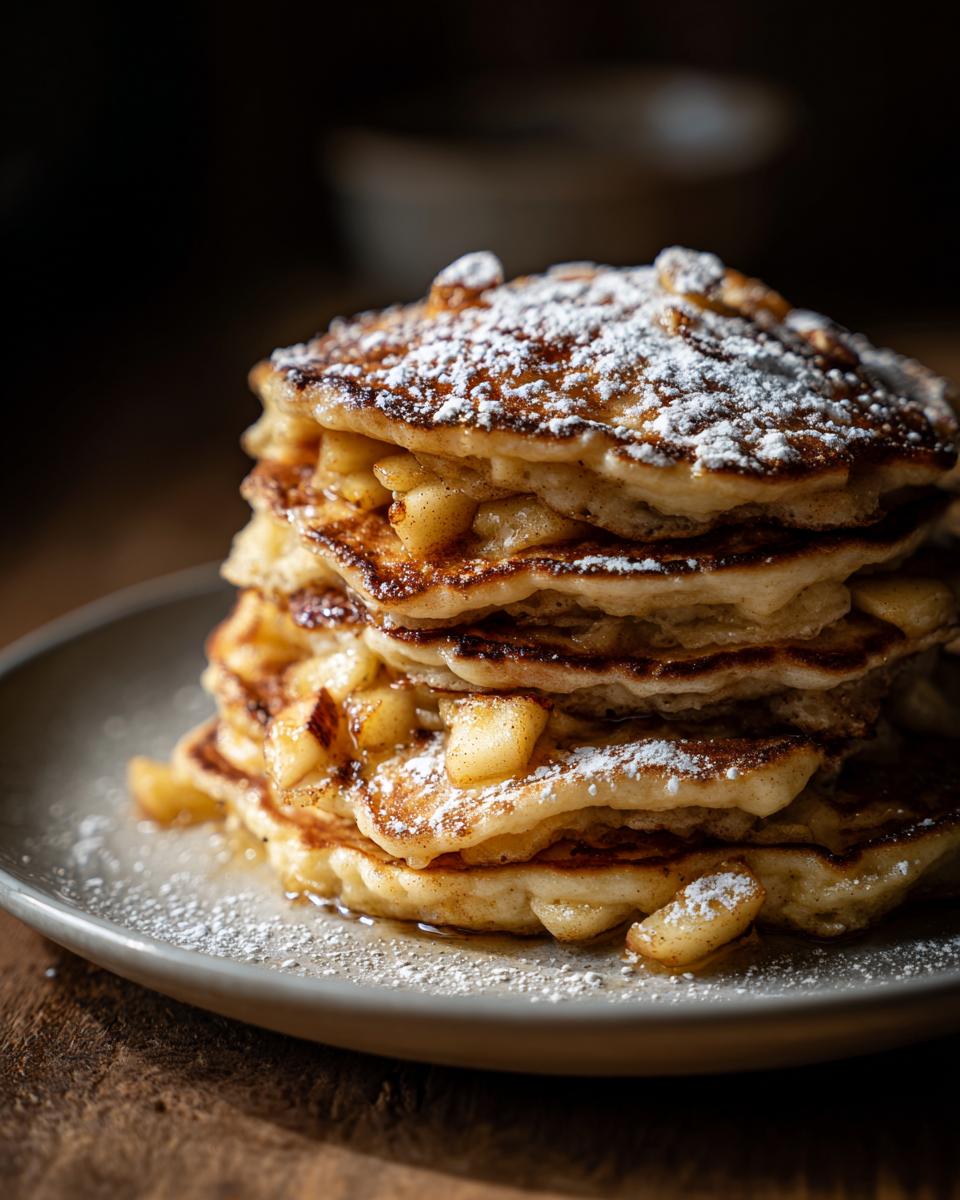 A stack of Apfelpfannkuchen klassisch und fluffig, dusted with powdered sugar, on a plate.
