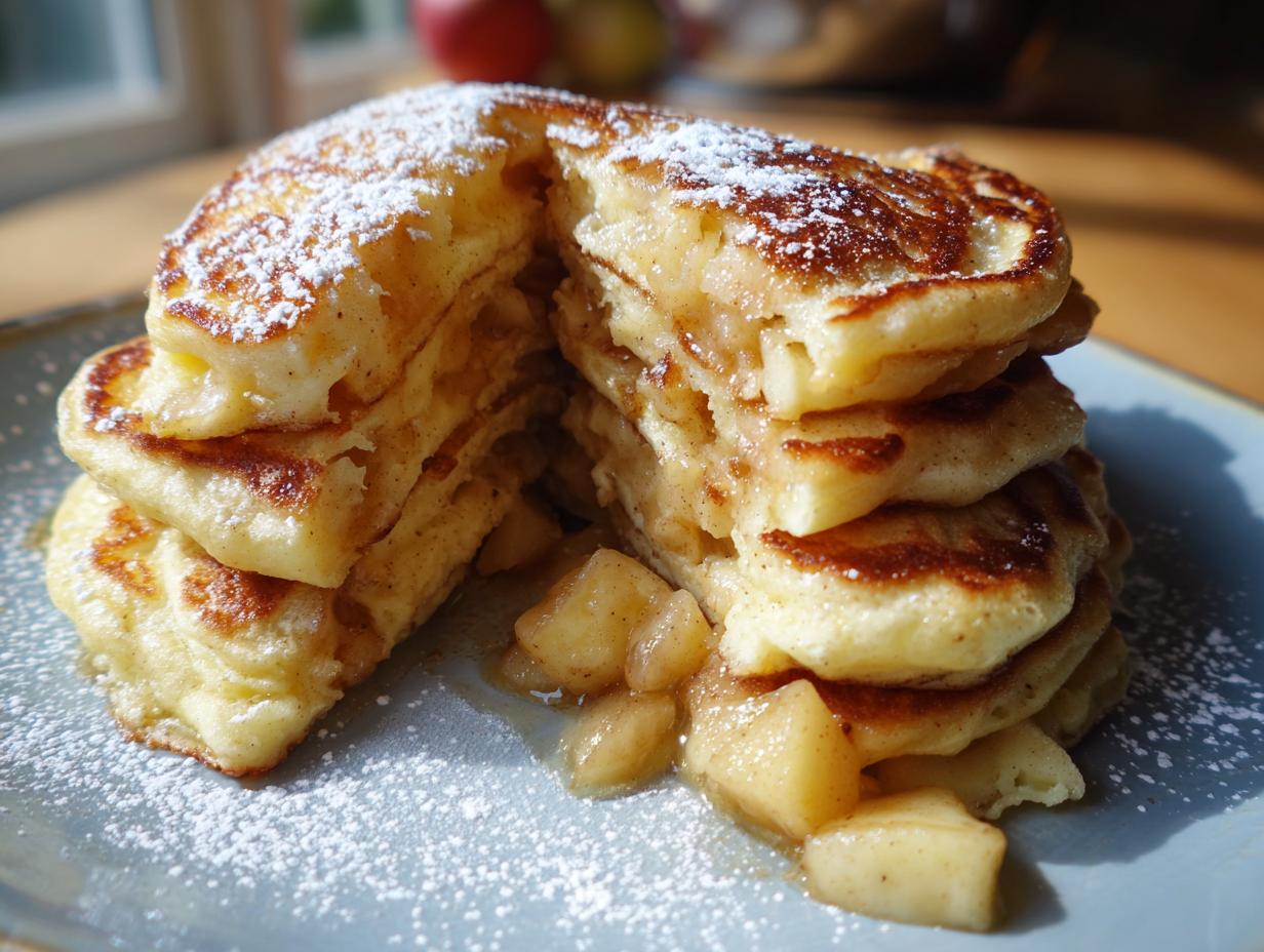Stack of Apfelpfannkuchen klassisch und fluffig (German apple pancakes) dusted with powdered sugar and apple compote.