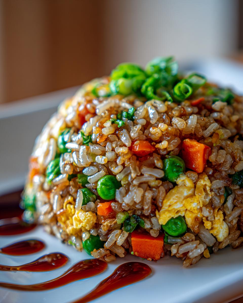 Nahaufnahme von Asiatisch Blitz-Bratreis mit Karotten, Erbsen, Ei und Frühlingszwiebeln.