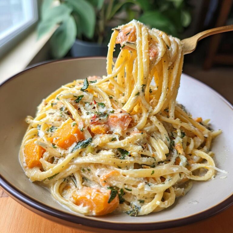 Die heißgeliebte Baked Feta Pasta jetzt mit Kürbis, serviert in einer Schüssel.