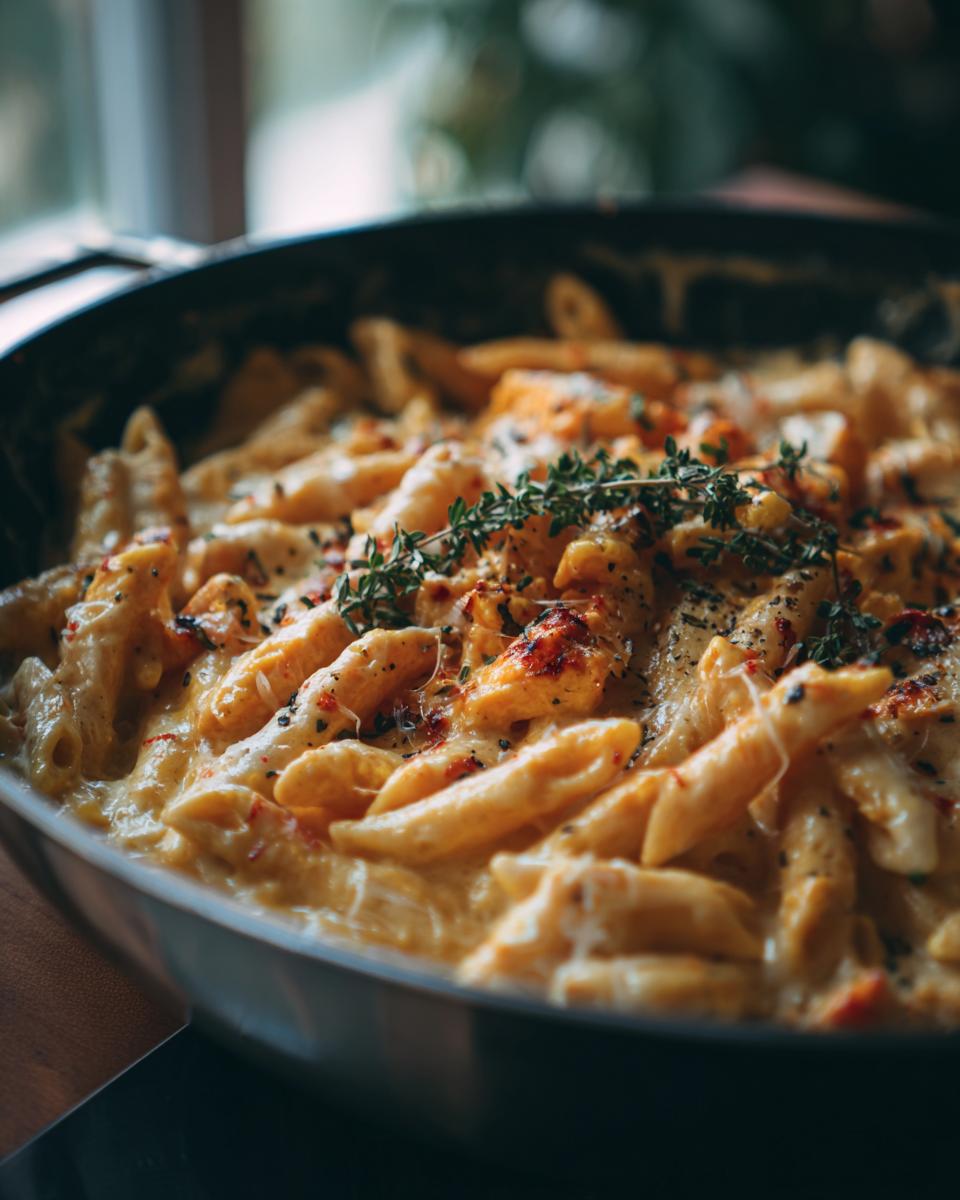 Nahaufnahme von Die heißgeliebte Baked Feta Pasta jetzt mit Kürbis, garniert mit frischen Kräutern in einer Pfanne.