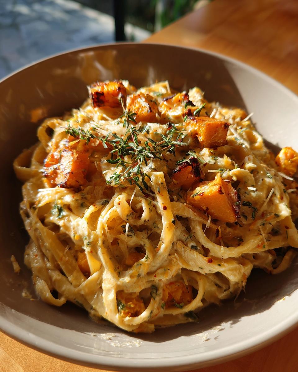 Nahaufnahme von Die heißgeliebte Baked Feta Pasta jetzt mit Kürbis, Thymian und Parmesan.