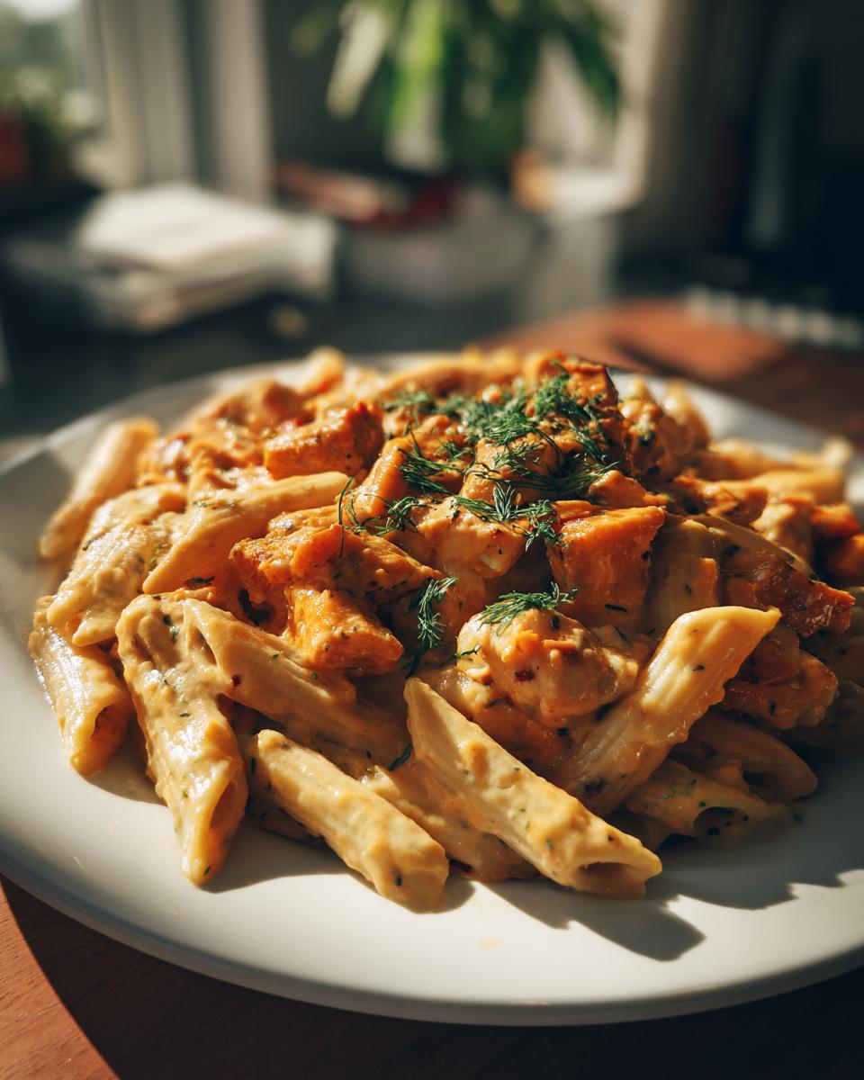 Close-up of Die heißgeliebte Baked Feta Pasta jetzt with pumpkin and dill on a white plate.