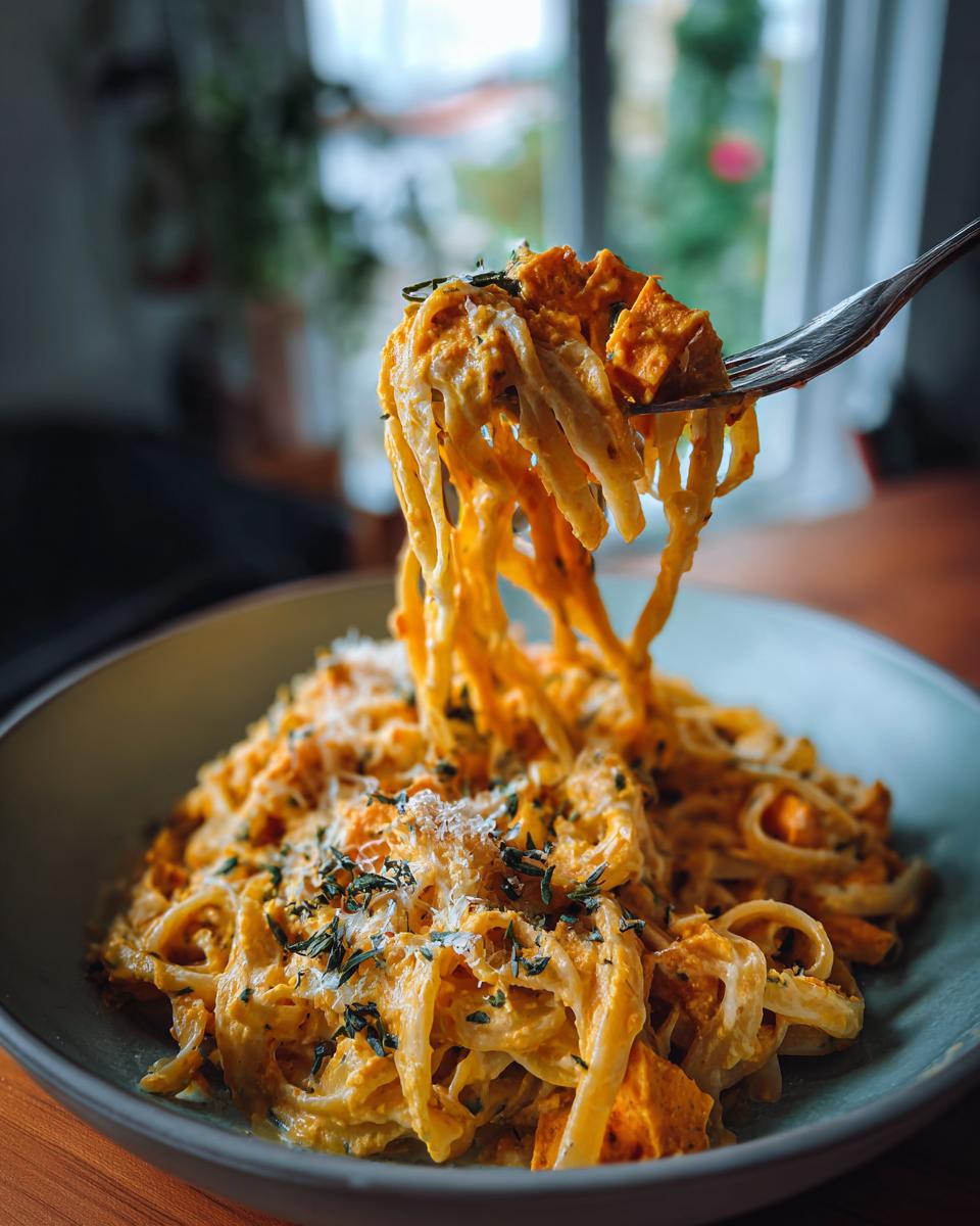 Die heißgeliebte Baked Feta Pasta jetzt mit Kürbis, serviert auf einem Teller und auf einer Gabel.