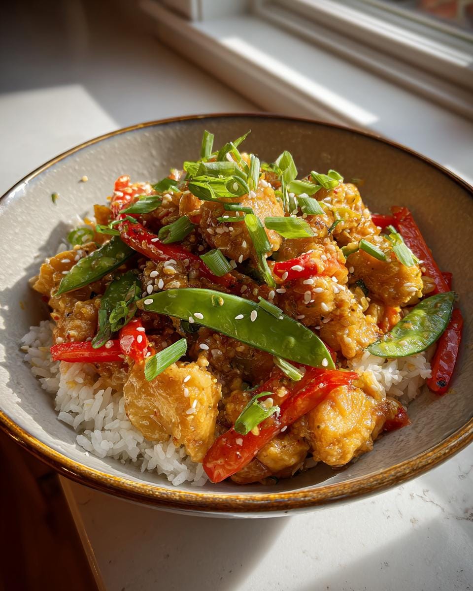 A vibrant Bang Bang Chicken Bowl with rice, chicken, peppers, snow peas, sesame seeds, and green onions.