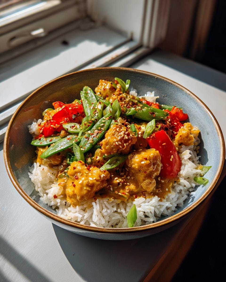 A vibrant Bang Bang Chicken Bowl with rice, chicken, snow peas, and red peppers, garnished with sesame seeds and scallions.
