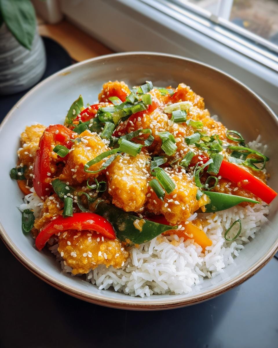 A vibrant Bang Bang Chicken Bowl featuring crispy chicken, rice, peppers, and a sesame-ginger sauce.