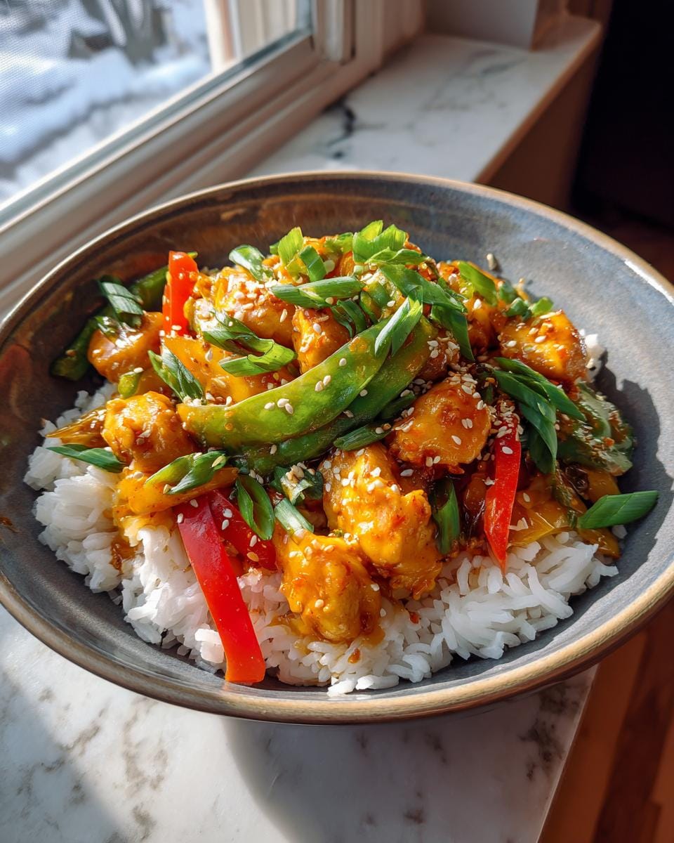 A vibrant Bang Bang Chicken Bowl with rice, chicken, snow peas, peppers, and green onions, sprinkled with sesame seeds.