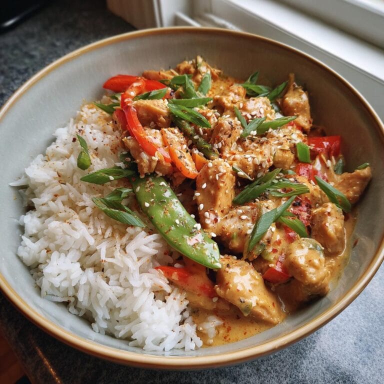A vibrant Bang Bang Chicken Bowl with rice, chicken, peppers, snow peas, and sesame seeds.