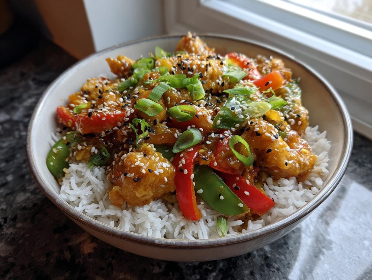 A vibrant Bang Bang Chicken Bowl with rice, chicken, peppers, and sesame seeds.