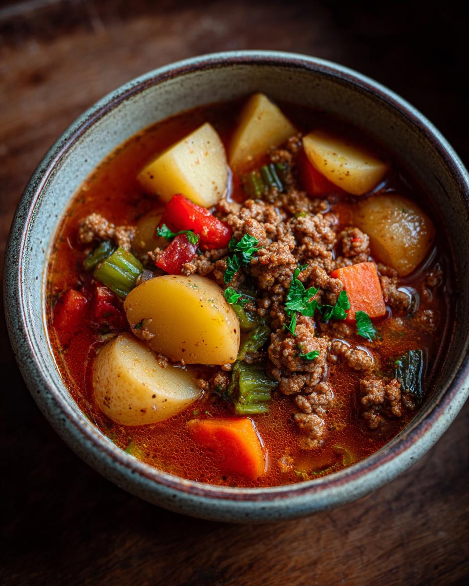 Close-up of Bauerntopf, a German stew with potatoes, ground meat, and vegetables in a rustic bowl.