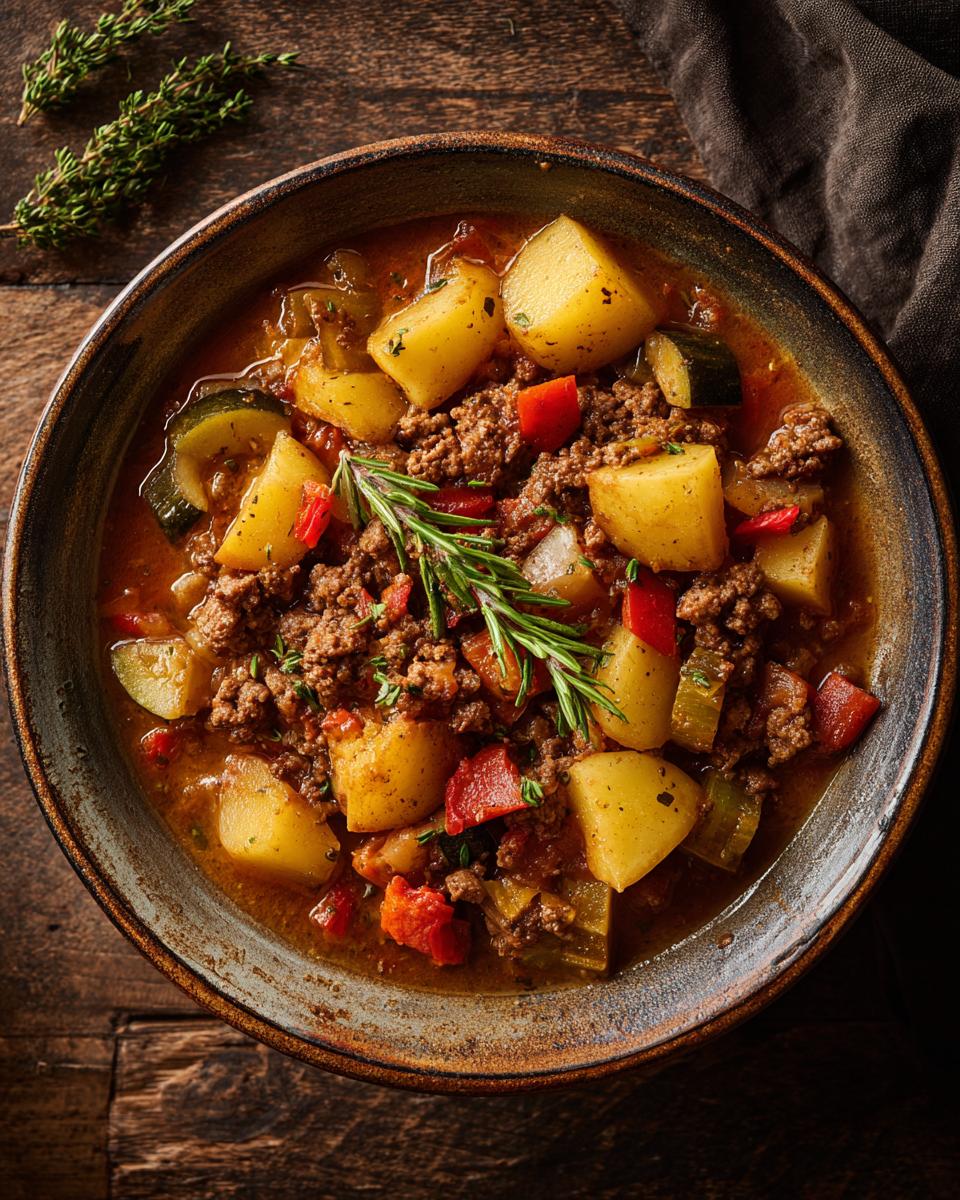 Overhead shot of Bauerntopf, a German stew with potatoes, ground meat, and vegetables in a rustic bowl.