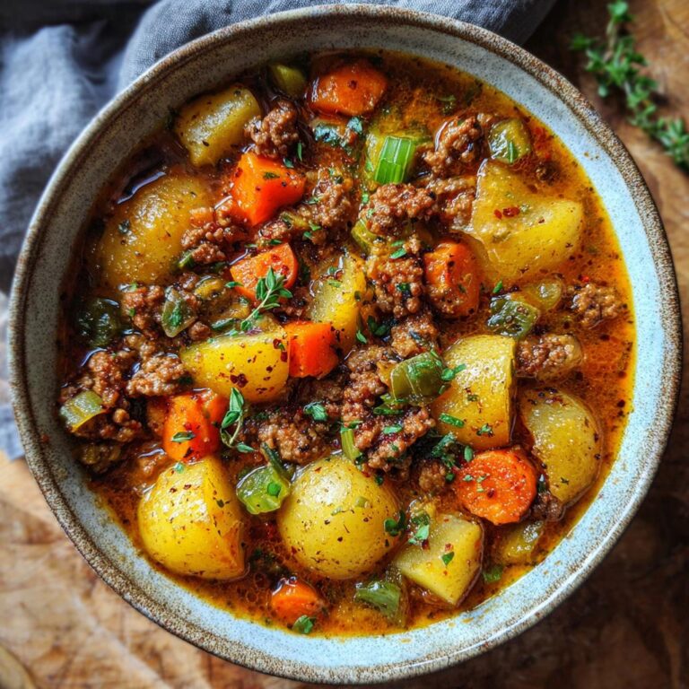 Overhead shot of a bowl of Bauerntopf, a hearty German stew with potatoes, carrots, and ground meat.