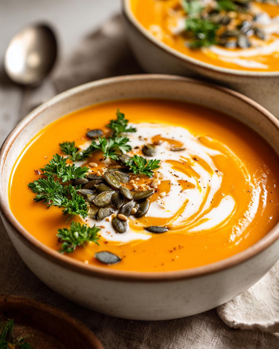 Close-up of Die Beste Kürbissuppe, garnished with cream, pumpkin seeds, and parsley in a rustic bowl.